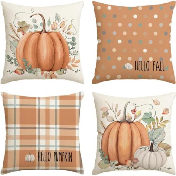 Autumn Decor, Fall Hello‎ Pumpkin Throw Pillow Covers, 18x18 Inch, Set of 4 - Picture 1 of 7